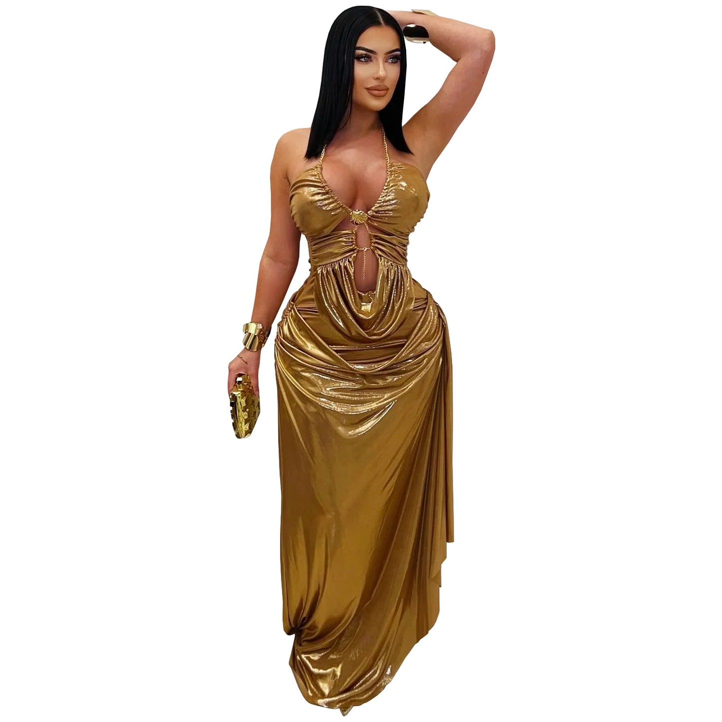 Women's Fashion Wear Sexy Halter Gold Necklace Dresses