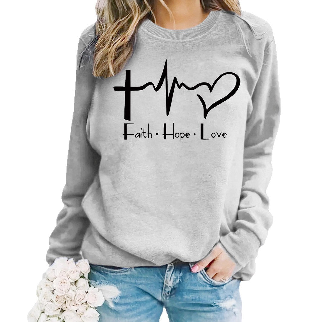 Women's Loose Casual Faith Hope Love Jump Printed Wear Round Neck Women's Sweater, Sweater