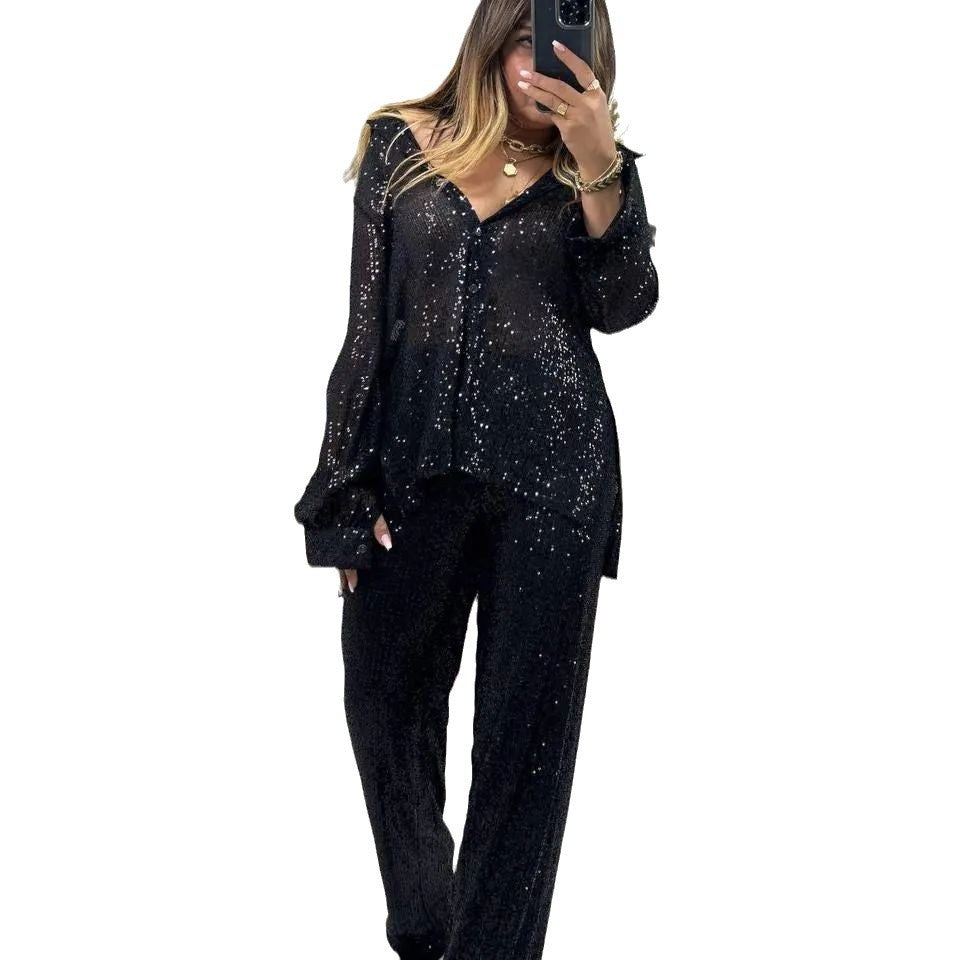 Women's Fashion Casual Sequin Trousers Elegant Sequined Suits
