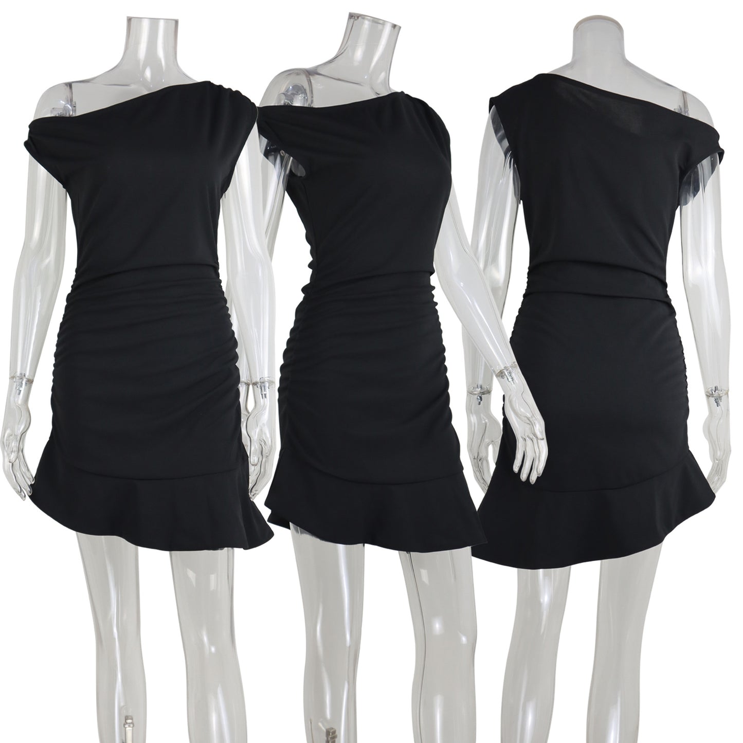 Layered Pleated Waist Tight Irregular Ruffled Dress