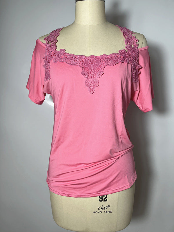 Women's Stitching Sleeve Lace Casual Loose-fitting T-shirt Shorts