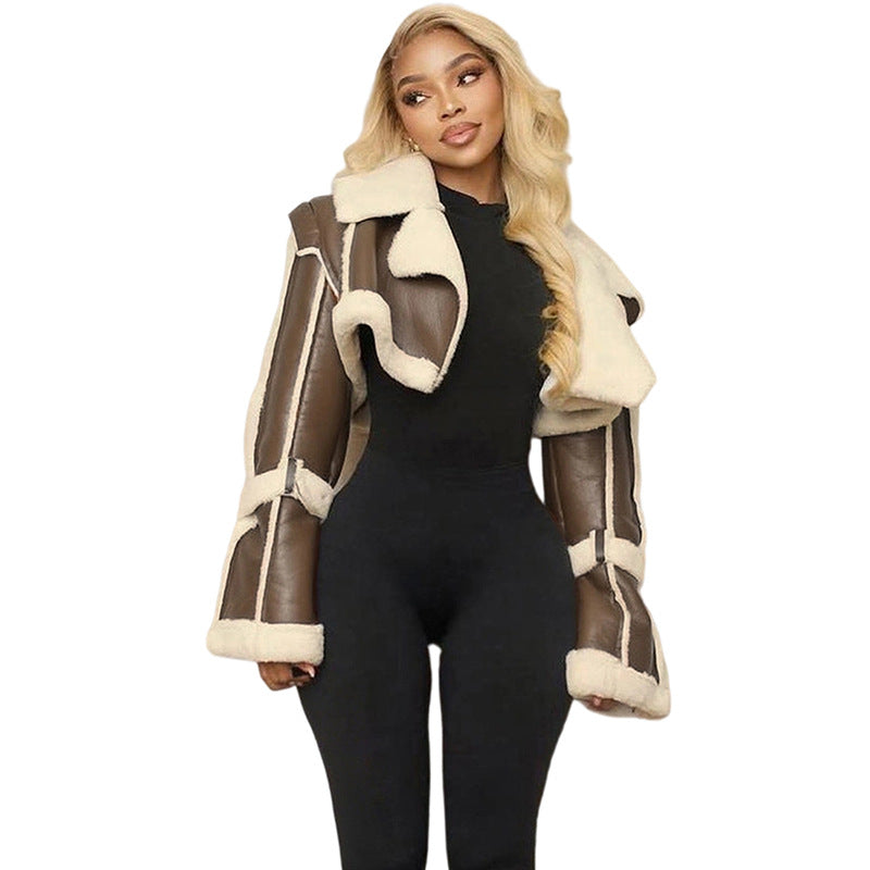 Women's Autumn Fashion Street Leather Stitching Fur Coats