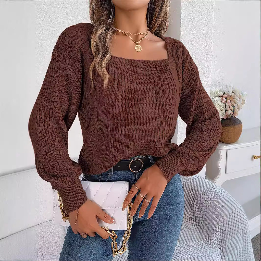 Clearance Casual Solid Color Square Collar Twist Lantern Sleeve Sweaters