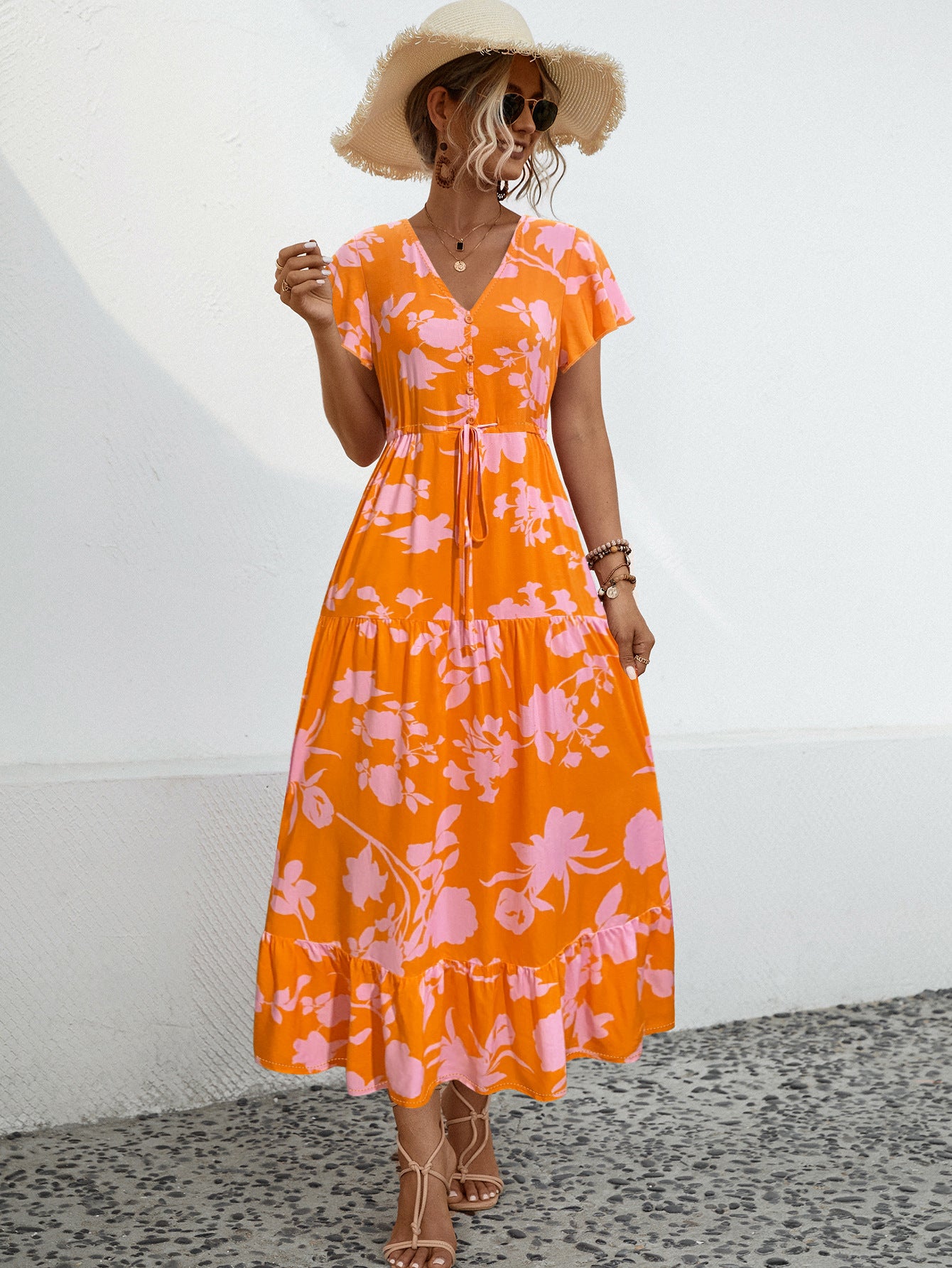 Casual Sleeve Flower Print Button Long Dress