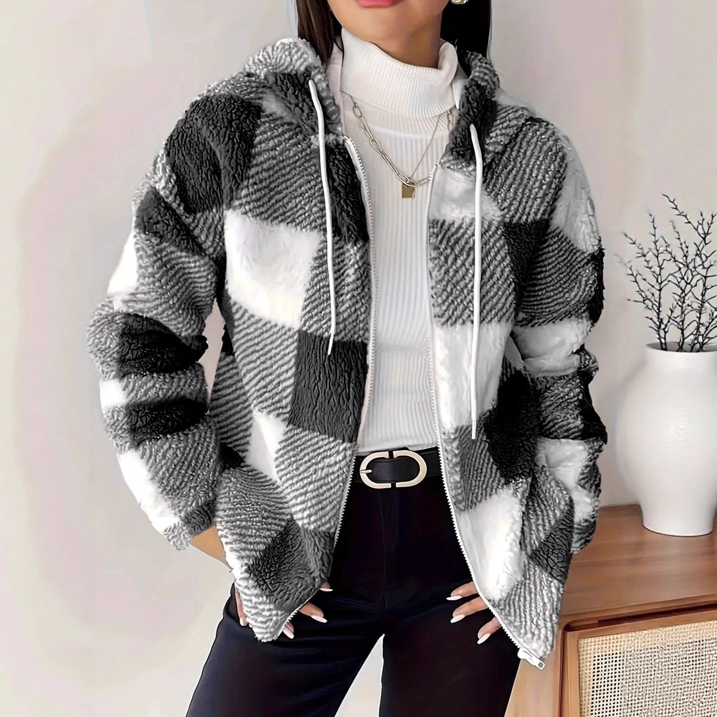 Women's Plaid Loose Casual Hooded Zipper Plush Jackets