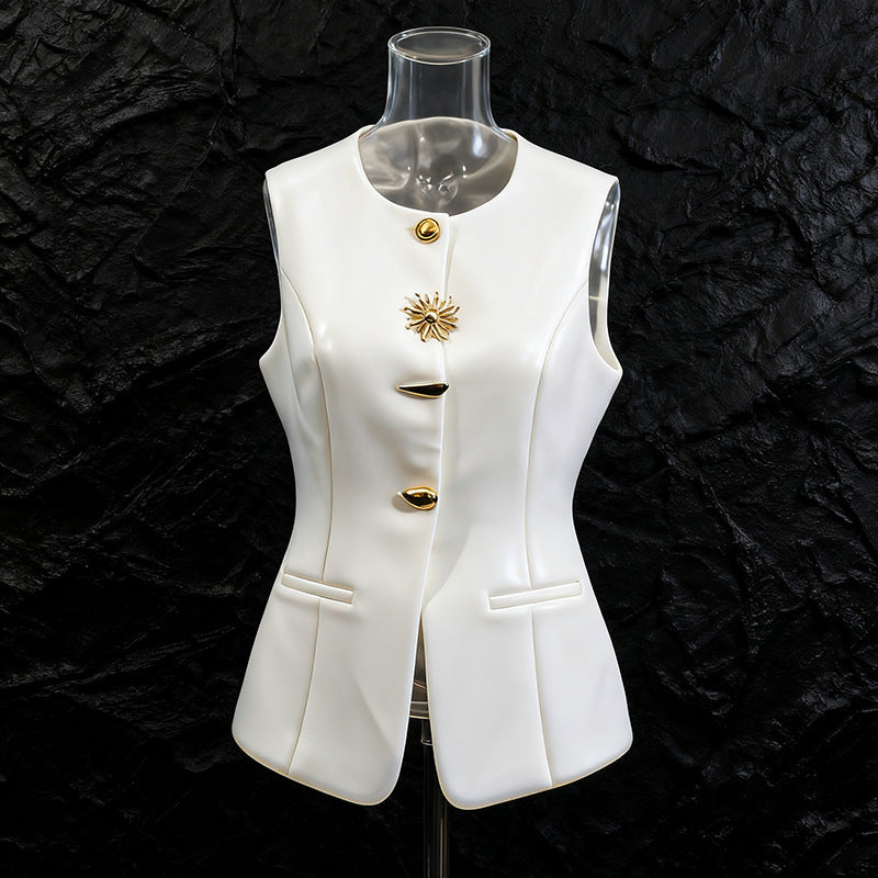 Design Irregular Fashion Round Neck Fastener Decoration Vests