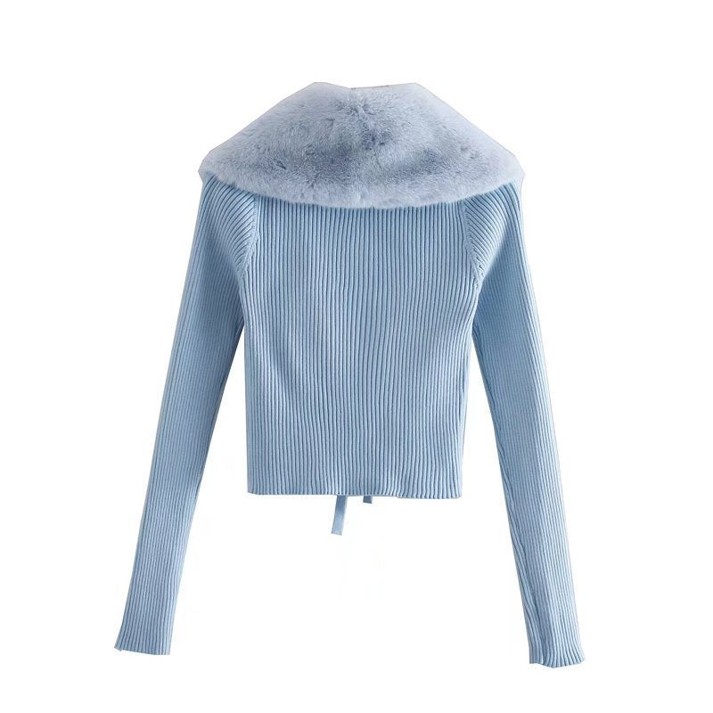 Women's Artificial Fur Effect Patchwork Knitting Slim Sweaters