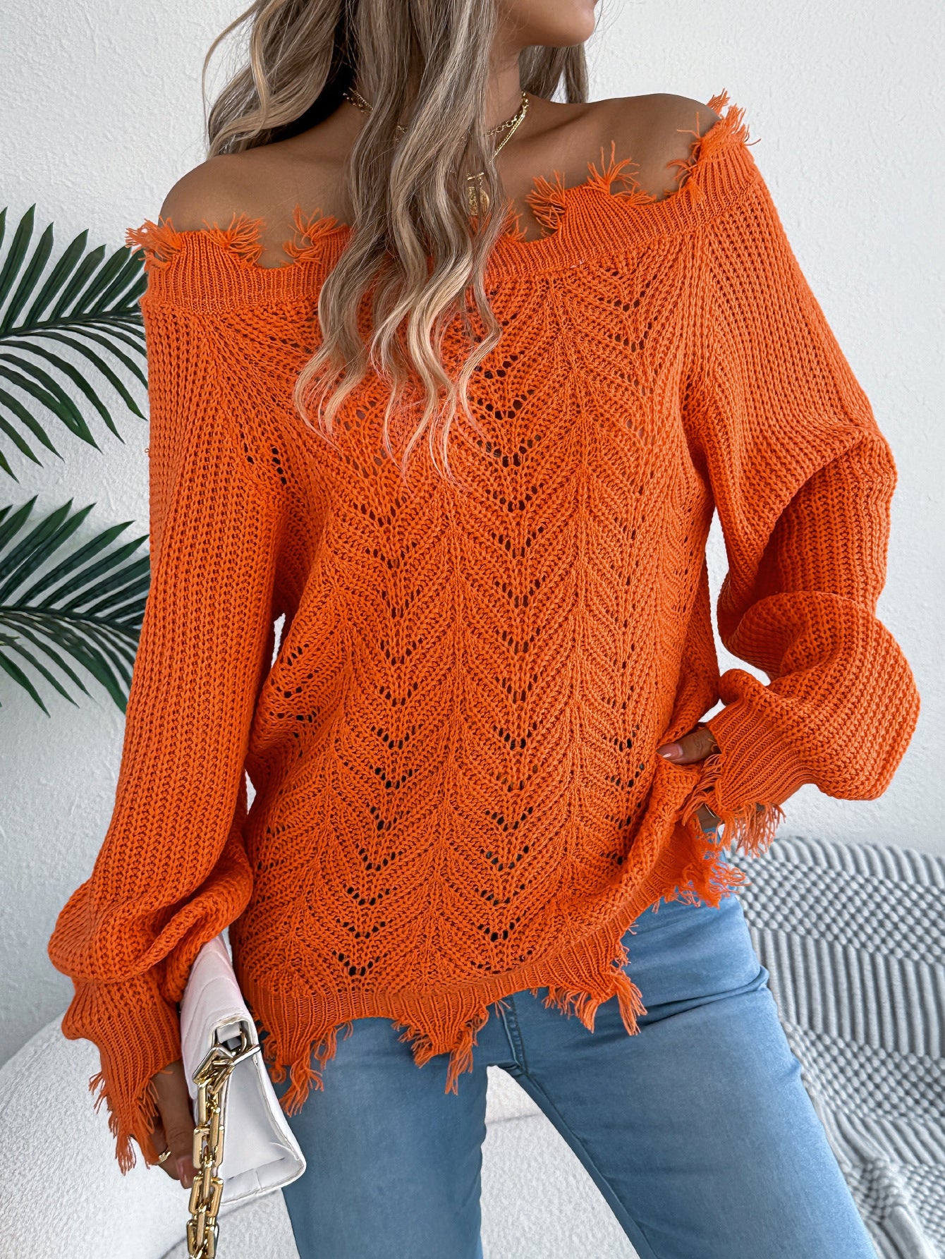 Women's Solid Color Long Sleeve Cut Pullover Sweater