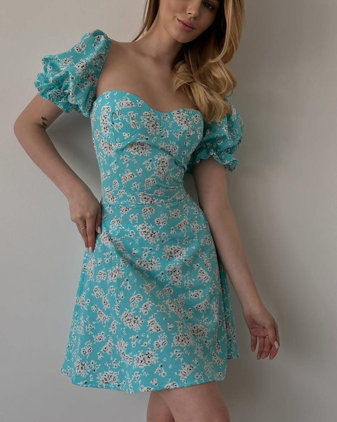 Women's Vintage Floral High Waist Puff Sleeve Dress