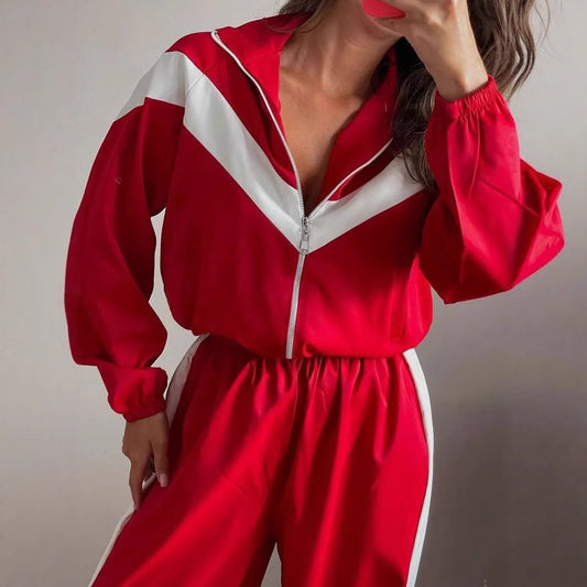 Women's Long Sleeve Contrast Color Sport Trousers Suits