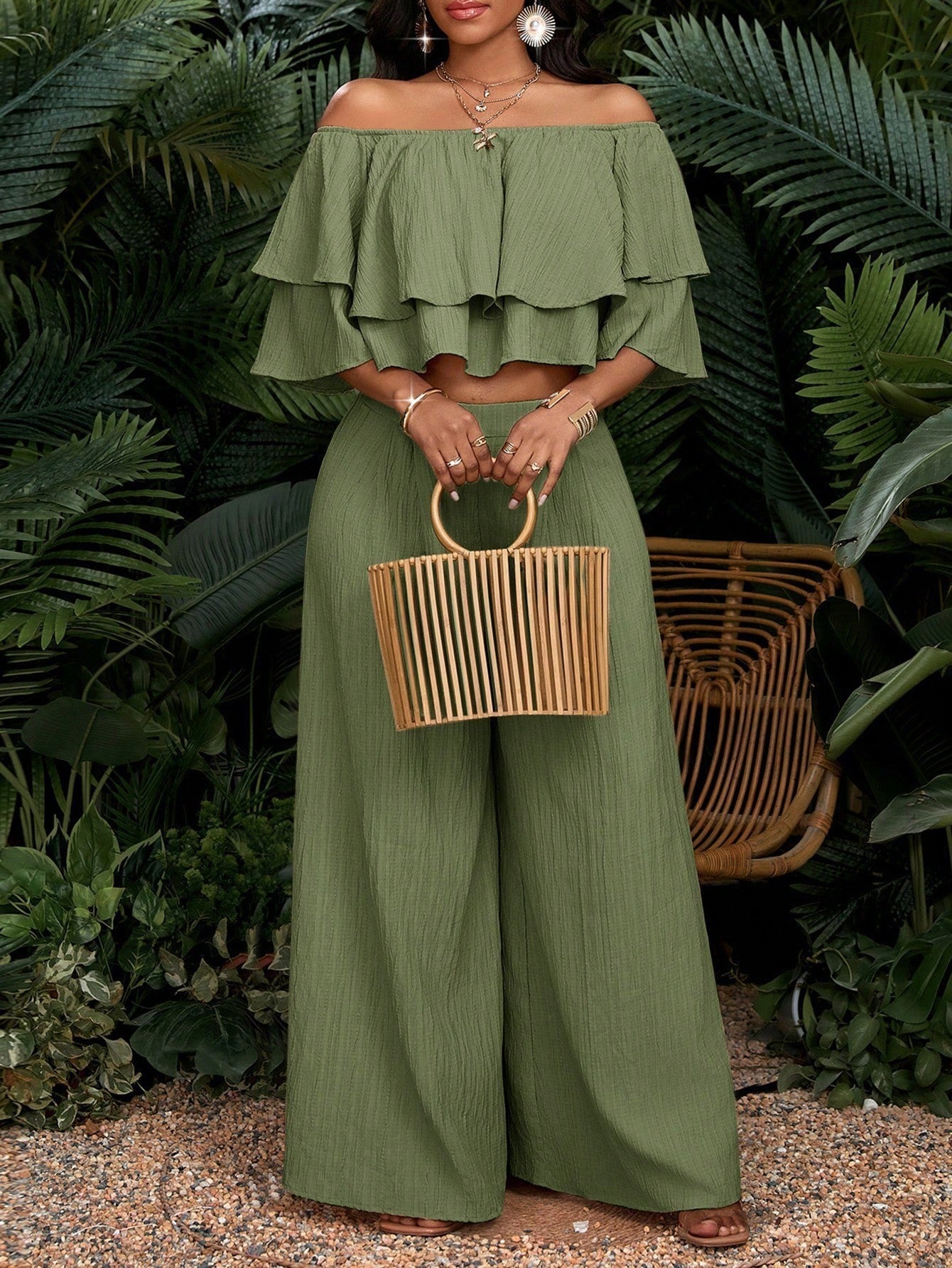 Ruffled High Waist Wide Leg Two-piece Shorts