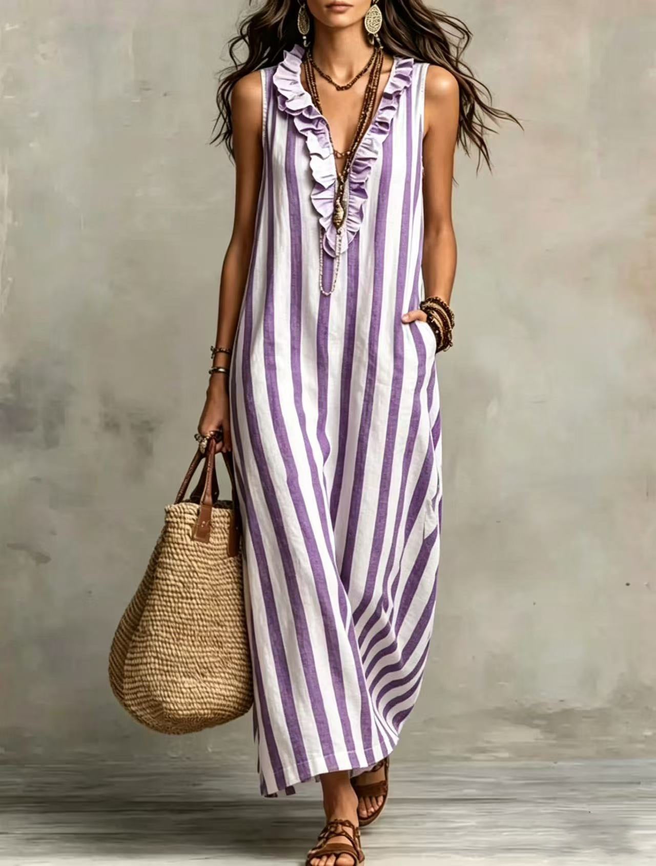 Summer Bohemian Style Vertical Stripes Ruffled Dress