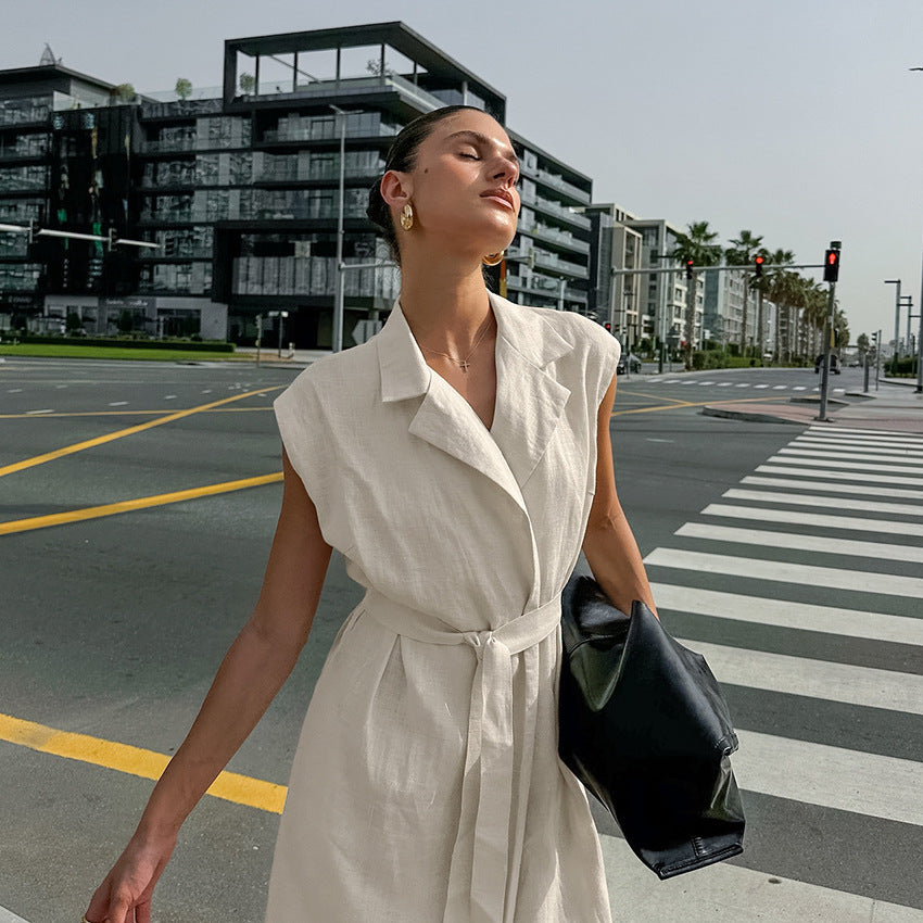 Style Temperament Cotton Linen Collar Belt Skirts