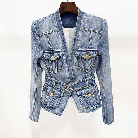 Early Autumn Fashion Belt Washed Denim Blazers