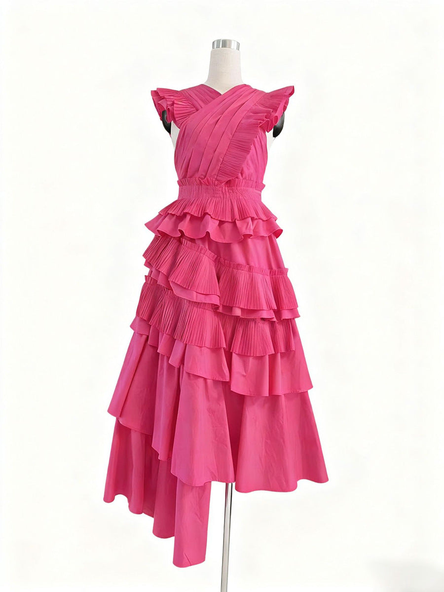 Women's Elegant Wooden Ear Stitching High-grade Collar Cross Long Dresses