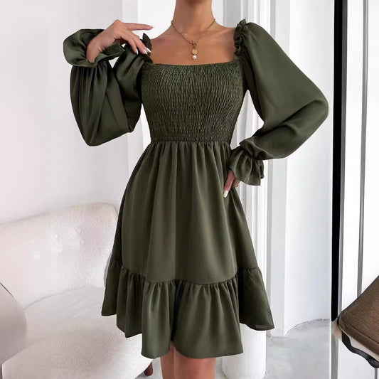 French Simplicity Square Collar Parallel Ruffled Dresses