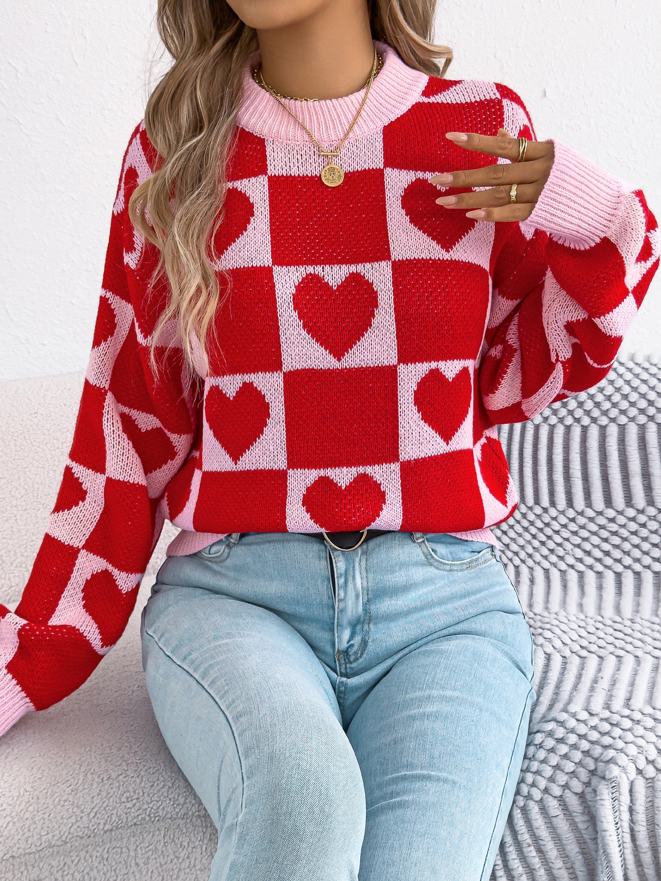 Women's Check Love Lantern Sleeve Pullover Valentine's Sweater
