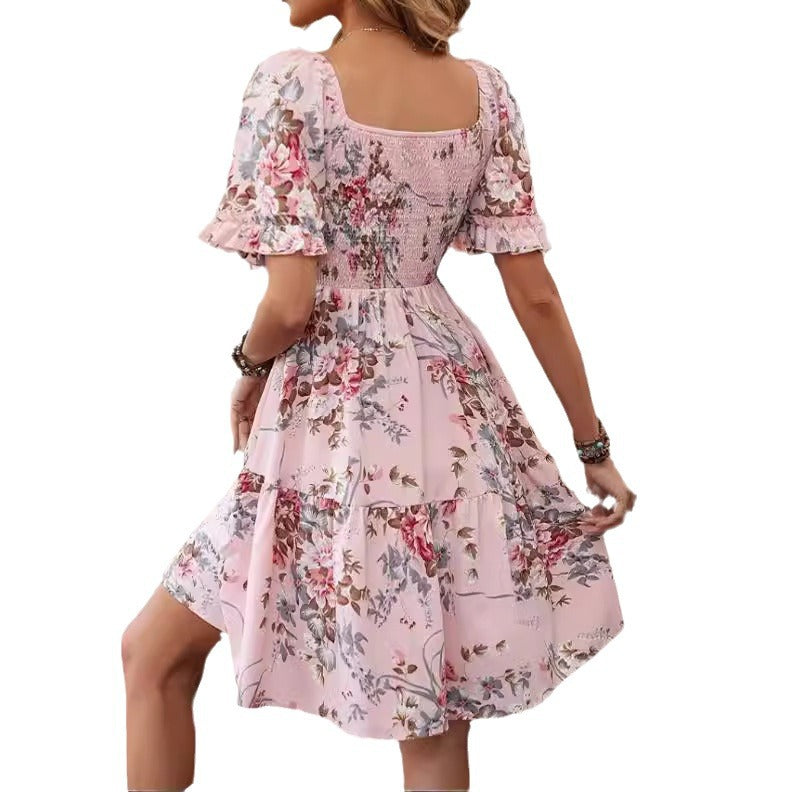 Printed Floral Square Collar Pleated Sleeves Shorts