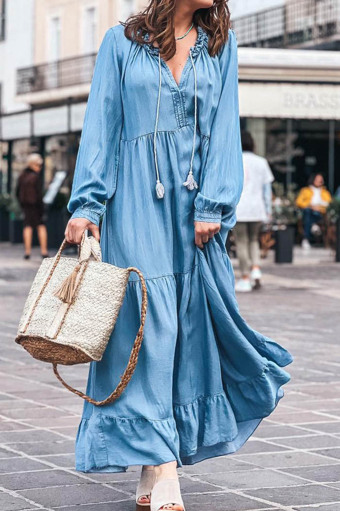 Women's Dress Denim Long Sleeve Ruffled Large Dresses