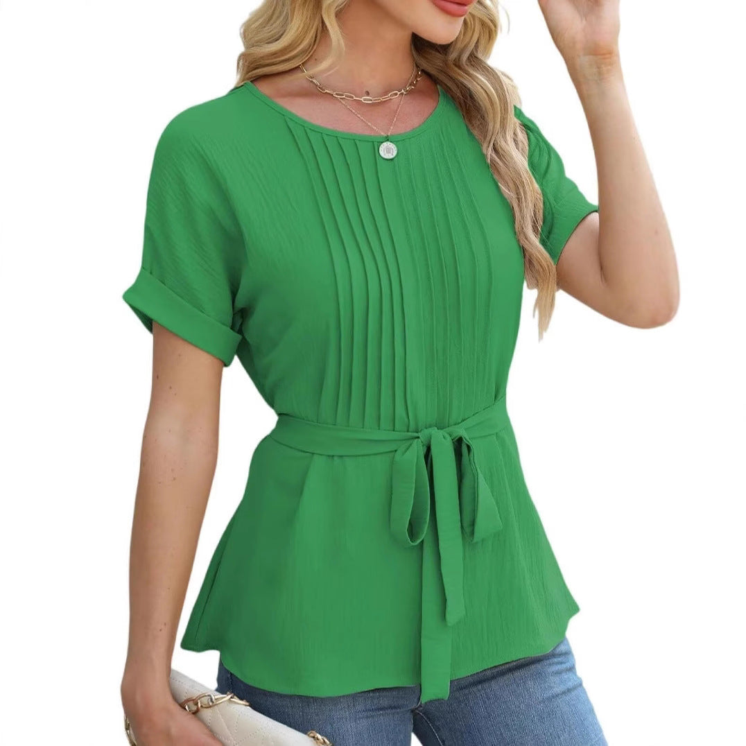 Women's Casual Shirt Ruffled Pleated Round Neck Blouses