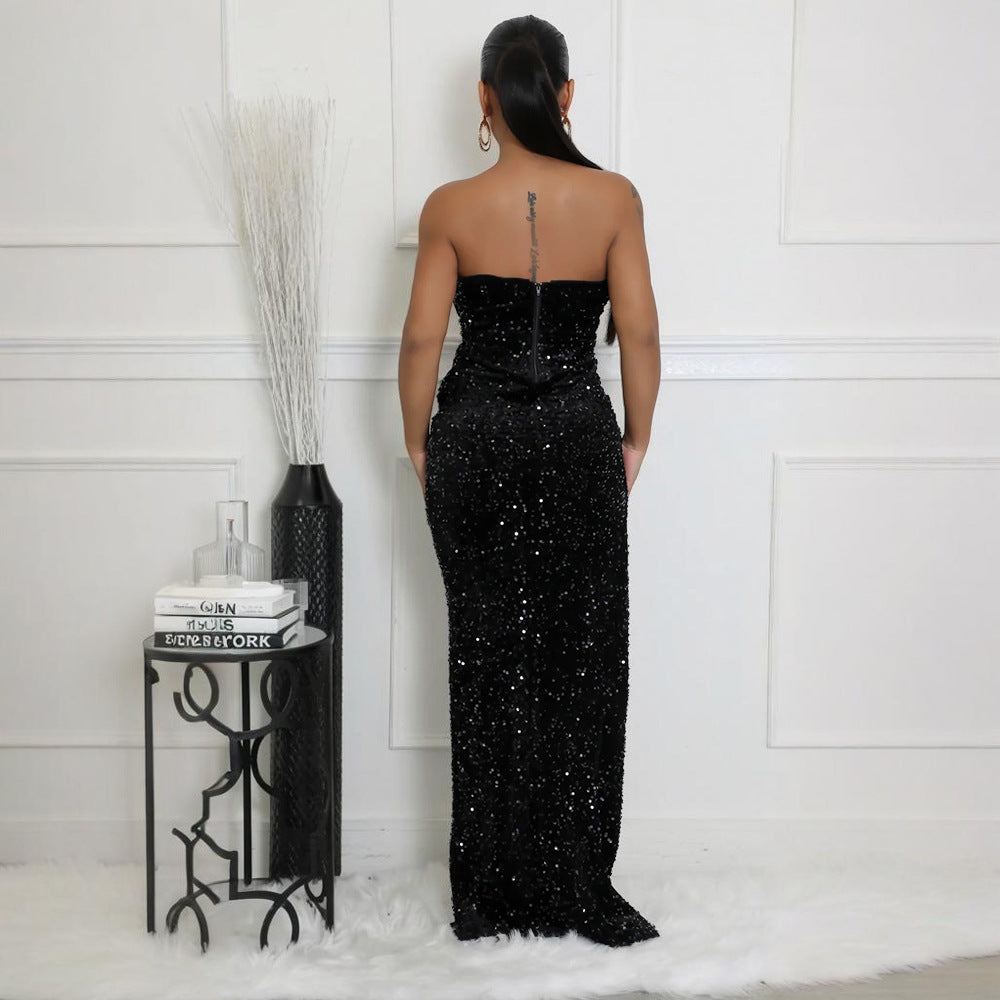 Women's Sequined Dress Sexy Tube Irregular Trailing Dresses