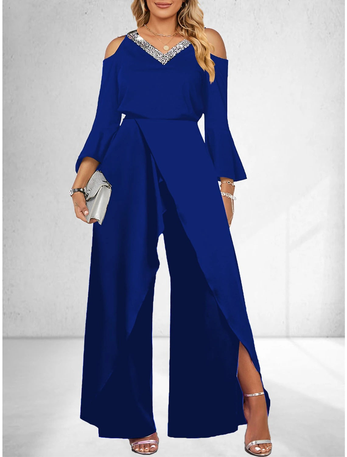 Women's Split Sequined Solid Color Collar Basic Business Elegant Wide Leg Fashion Casual Suit