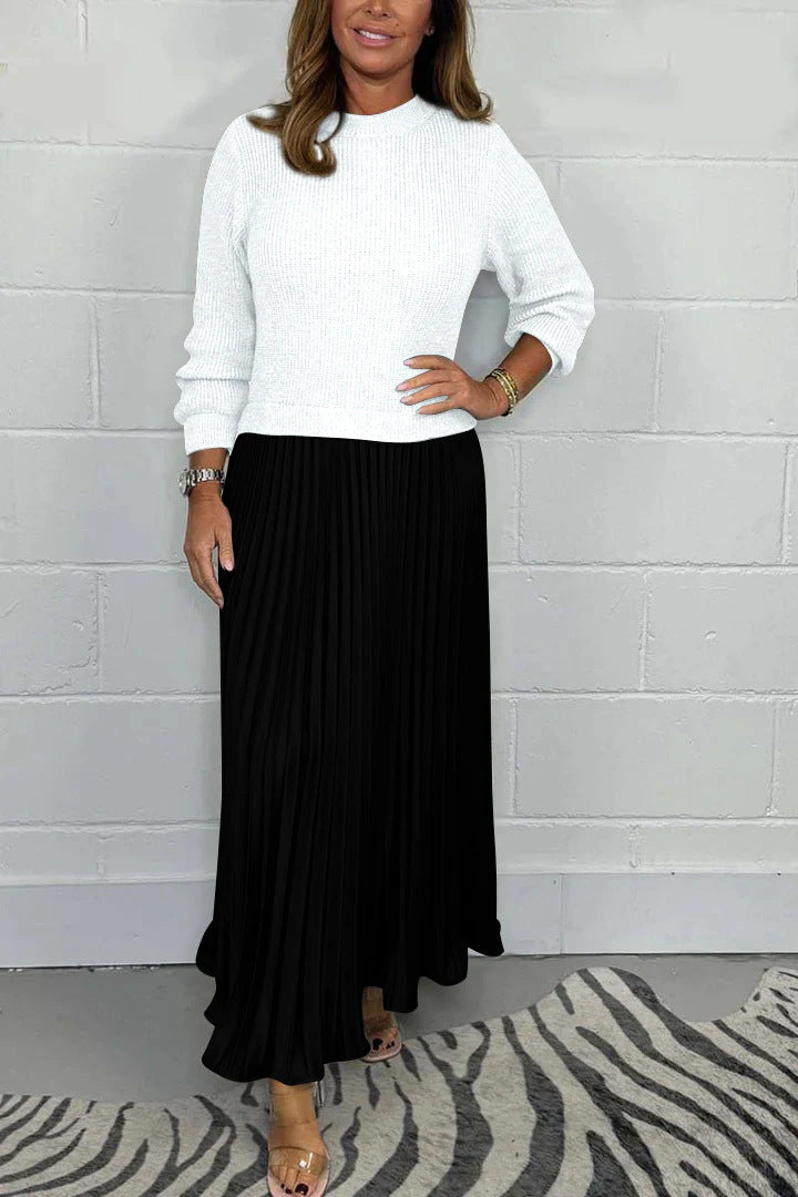 Women's Solid Color Knitted Long-sleeved Pullover Stitching Dresses