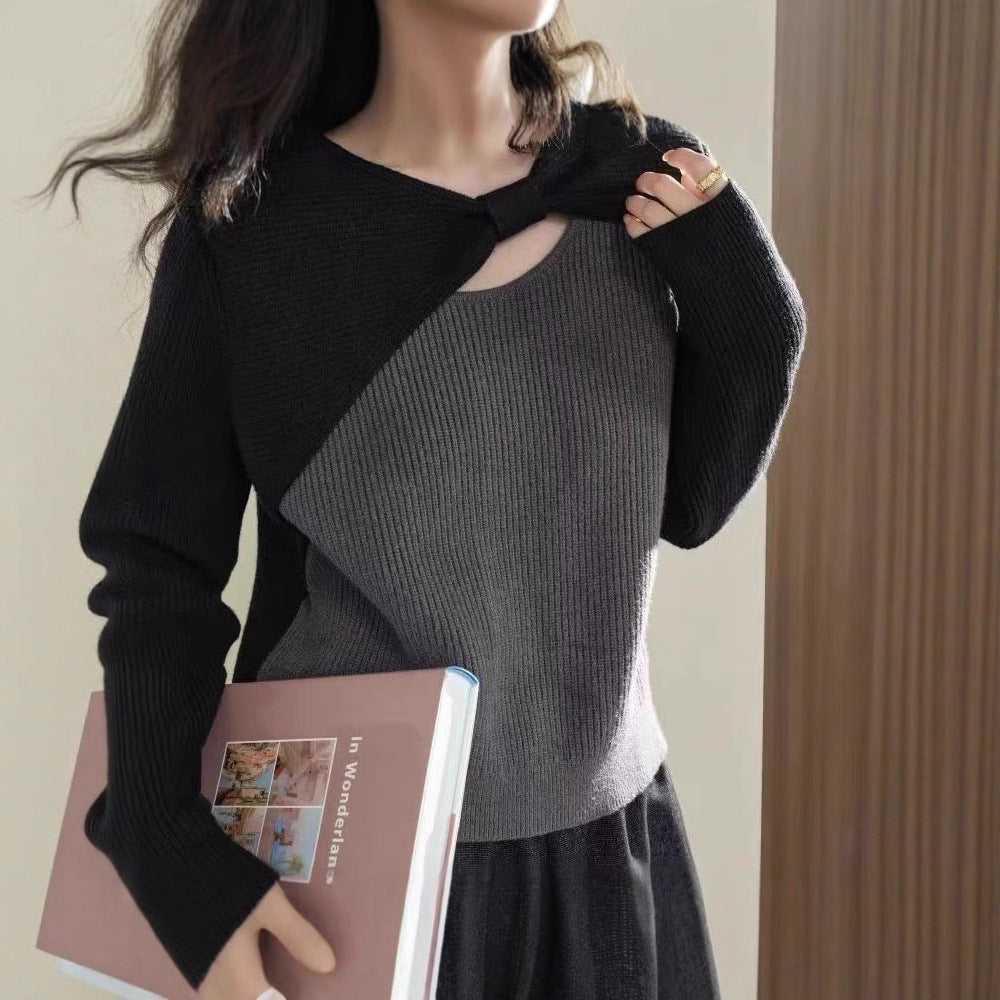Women's Bow Asymmetric Slim Fit Hollow Out Sweater