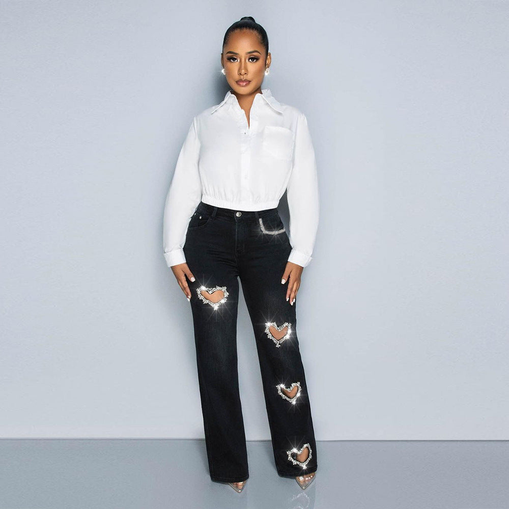 Elastic Denim Summer Washed Rhinestone Love Jeans