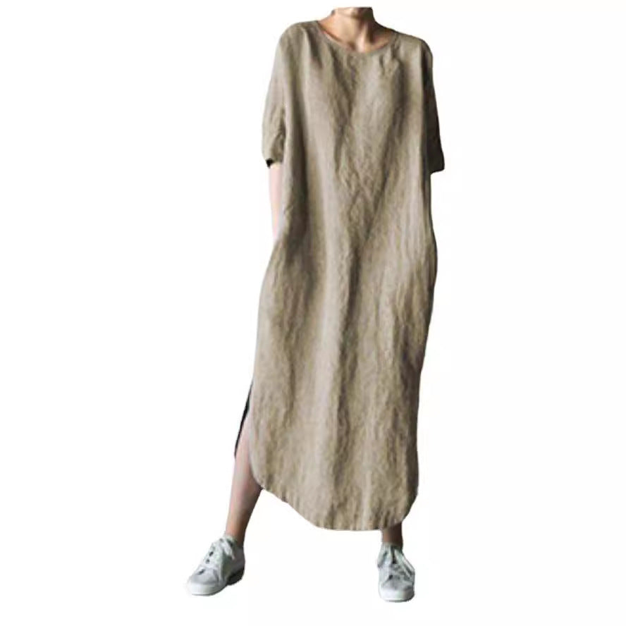 Round Neck Half Sleeve Solid Color Side Dresses
