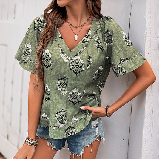 Women's Casual Fresh Style Plant Print Sleeve Tops