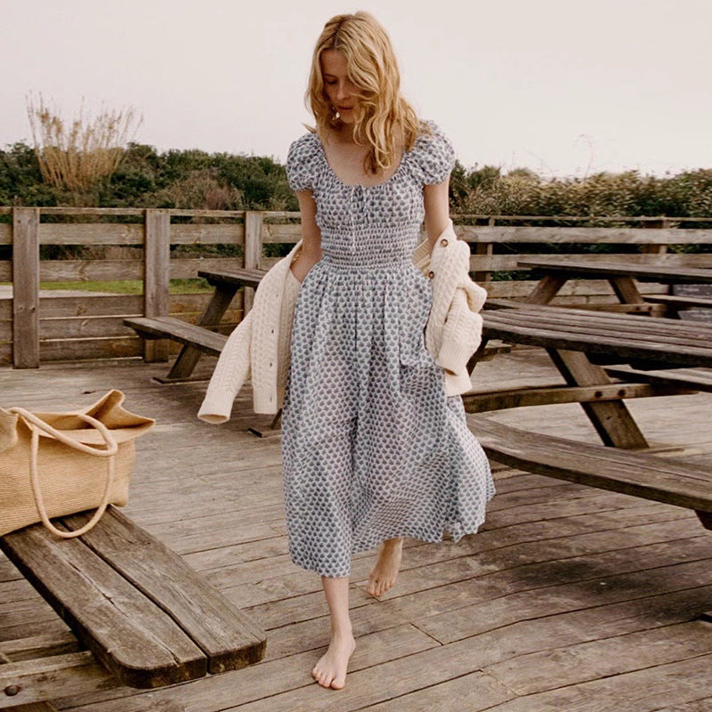 Women's Floral Square Collar Cotton Holiday Midi Dress Dresses