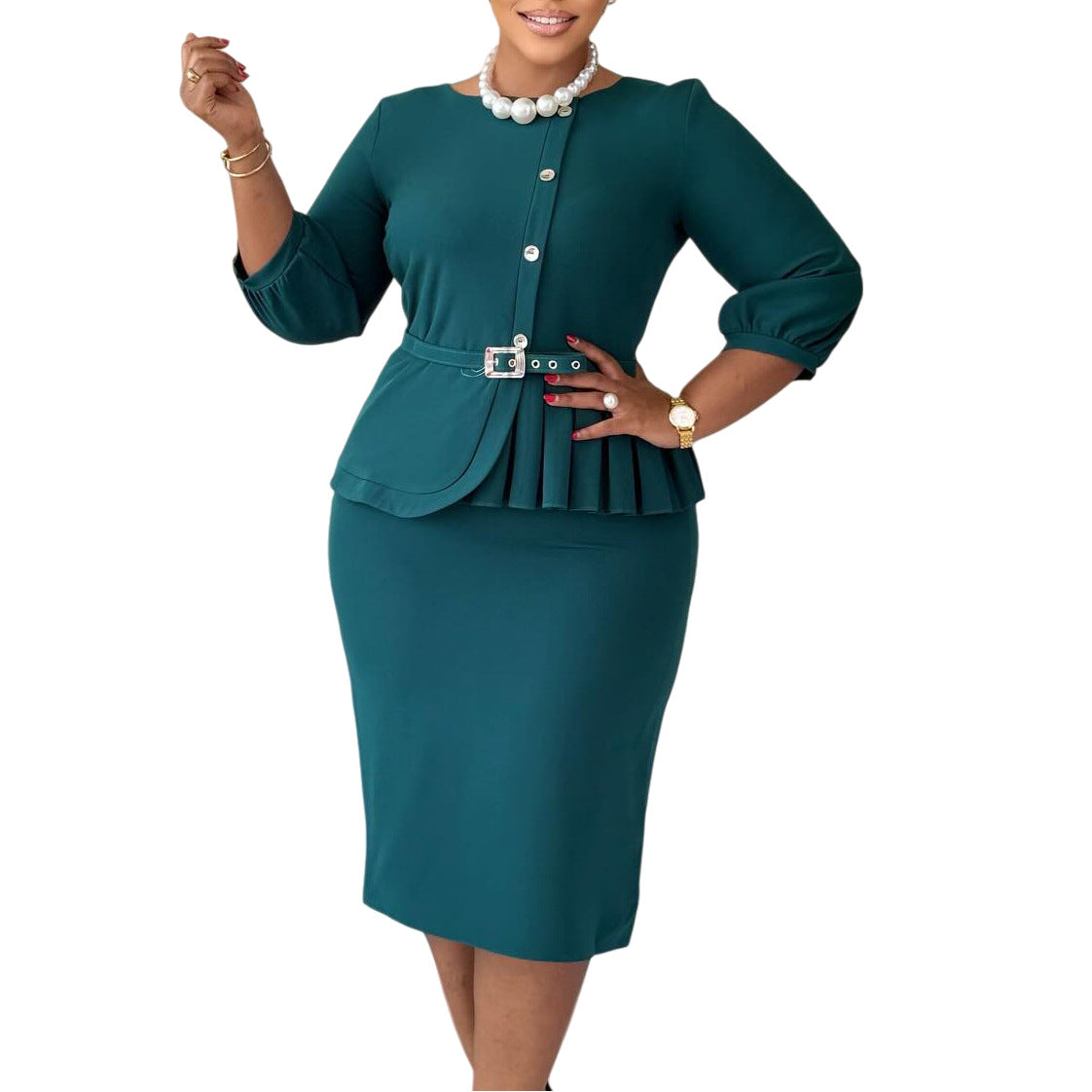 Elegant Stretch Round Neck Ruffled High Waist Temperament Sheath Solid Dress
