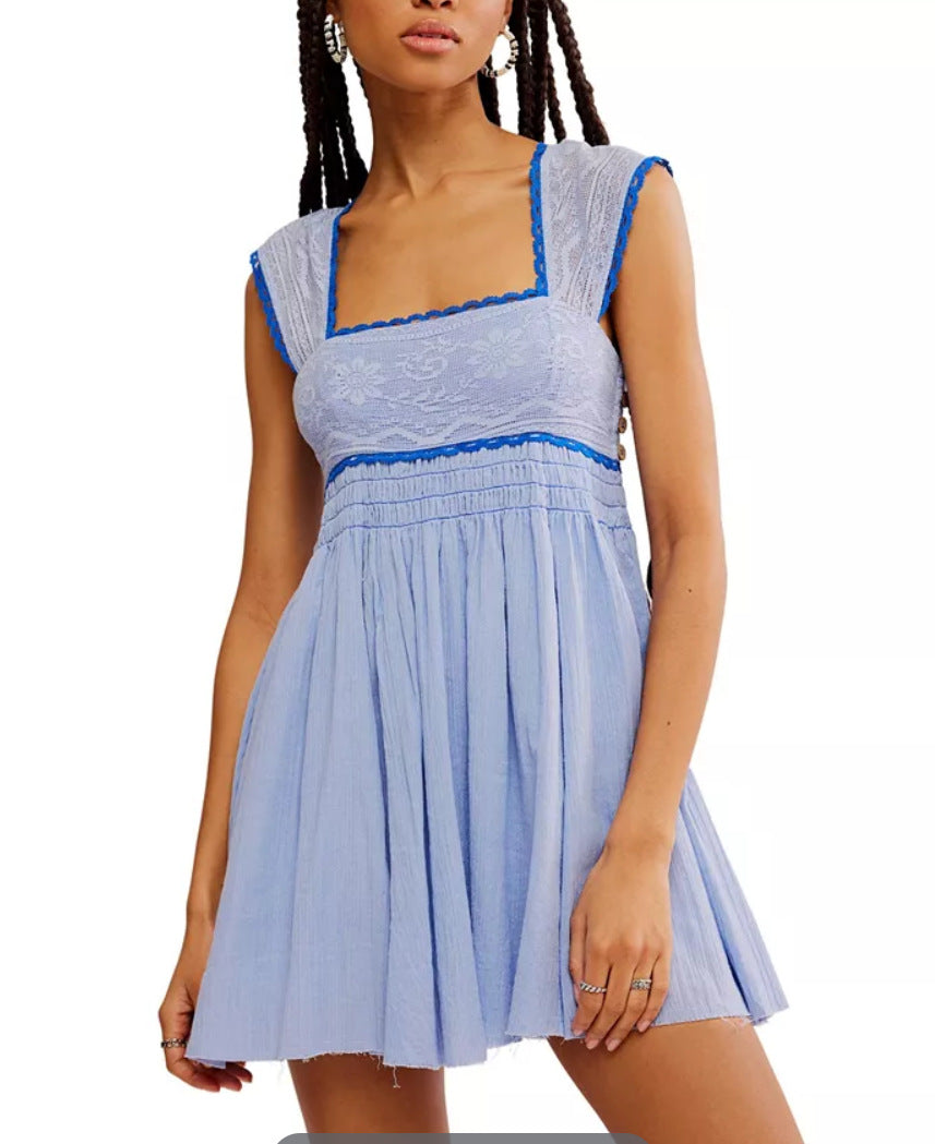 Women's Sleeveless Square Collar Pleated Backless Mini Dresses