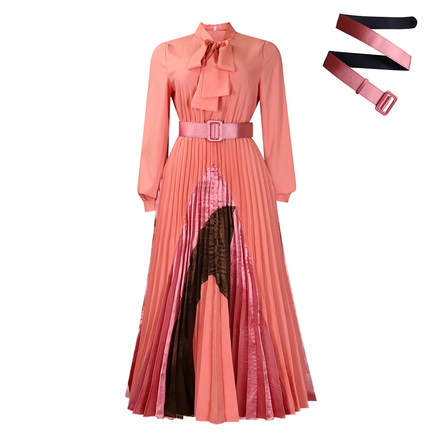 Women's Pleated Long Sleeve Color Matching Elegant Dresses