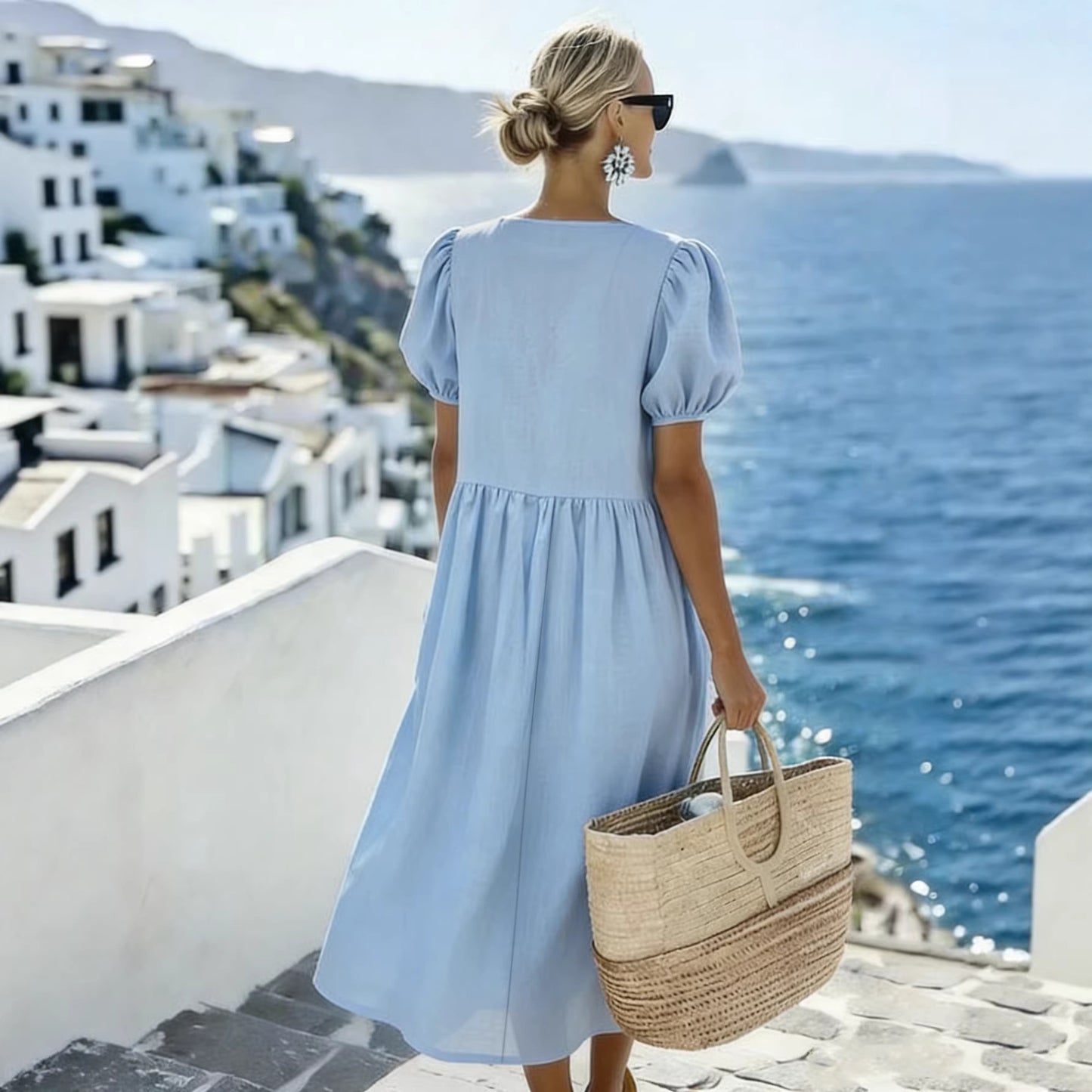 Summer Cotton Linen Casual Sleeve Pocket Pleated Loose Dress