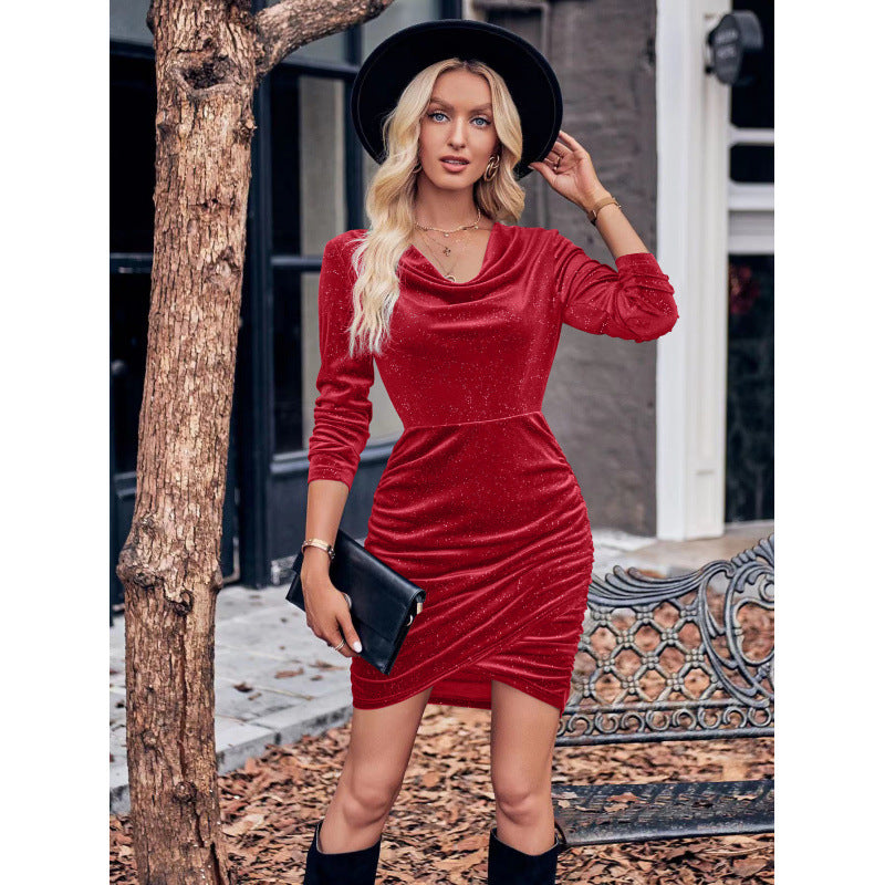 Women's Fashion Wear Casual Solid Color Swing Collar Long Sleeve Sexy Dress
