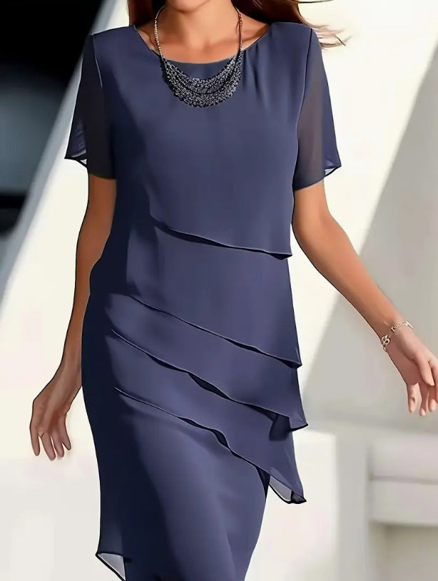 Women's Solid Color Sleeve Glitter Ruffles Crew Neck Dress