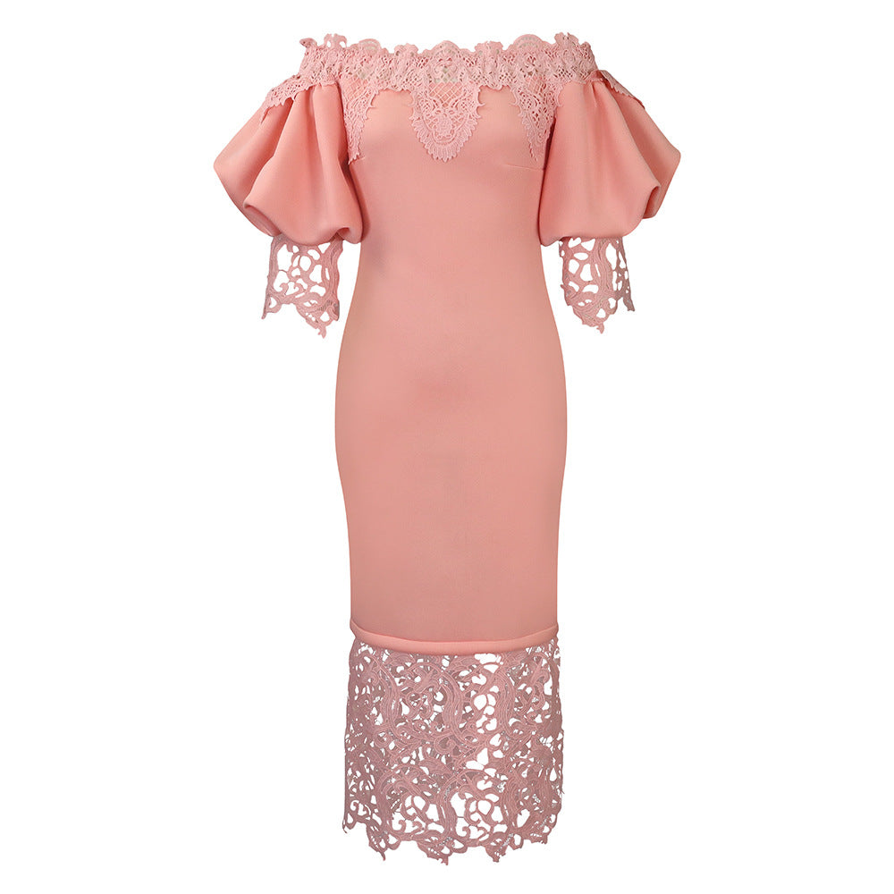 Women's Lace Stitching Banquet Lantern Sleeve Bridesmaid Dress