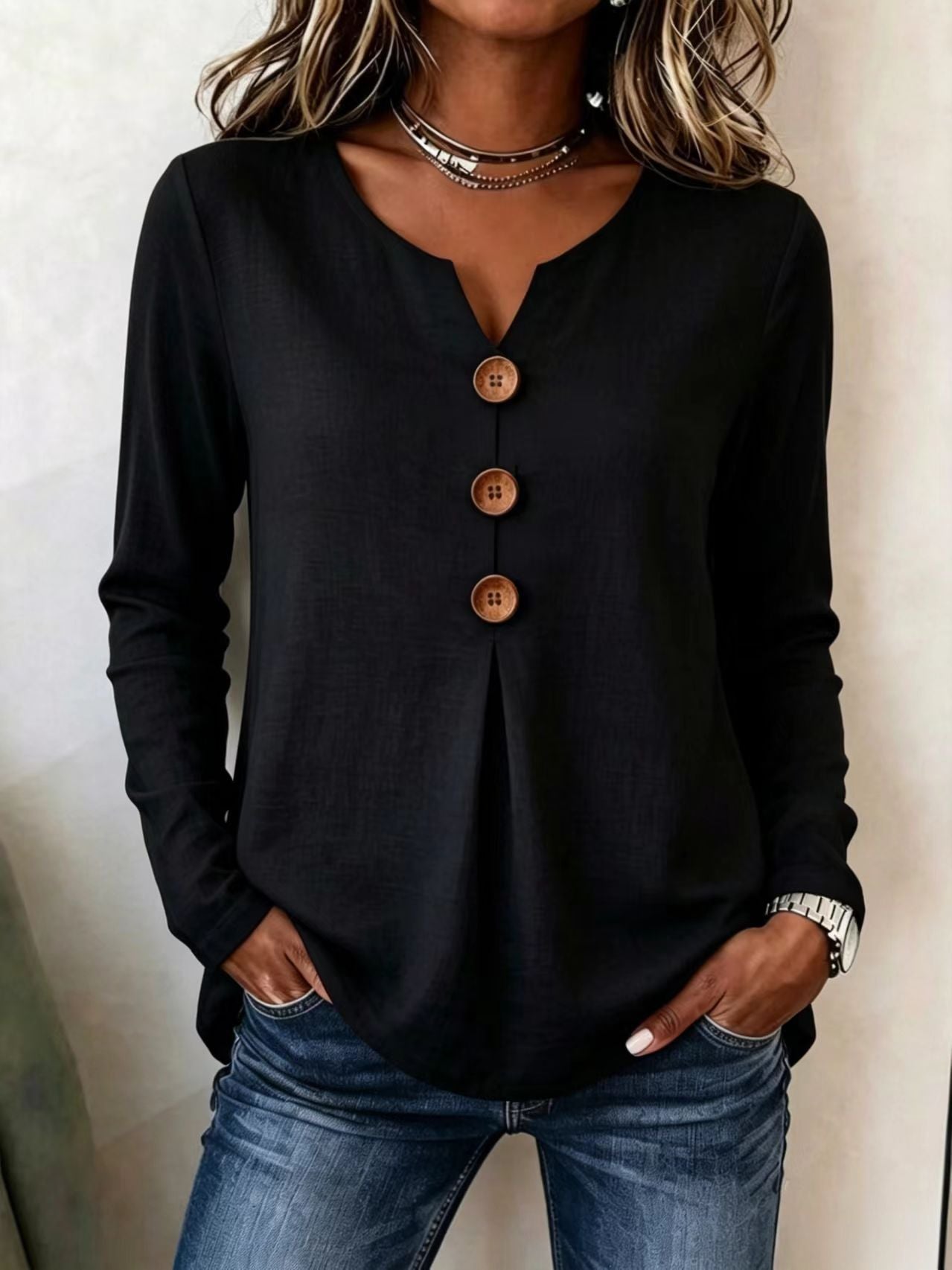 Women's Autumn Loose Solid Color Button Pleating Tops