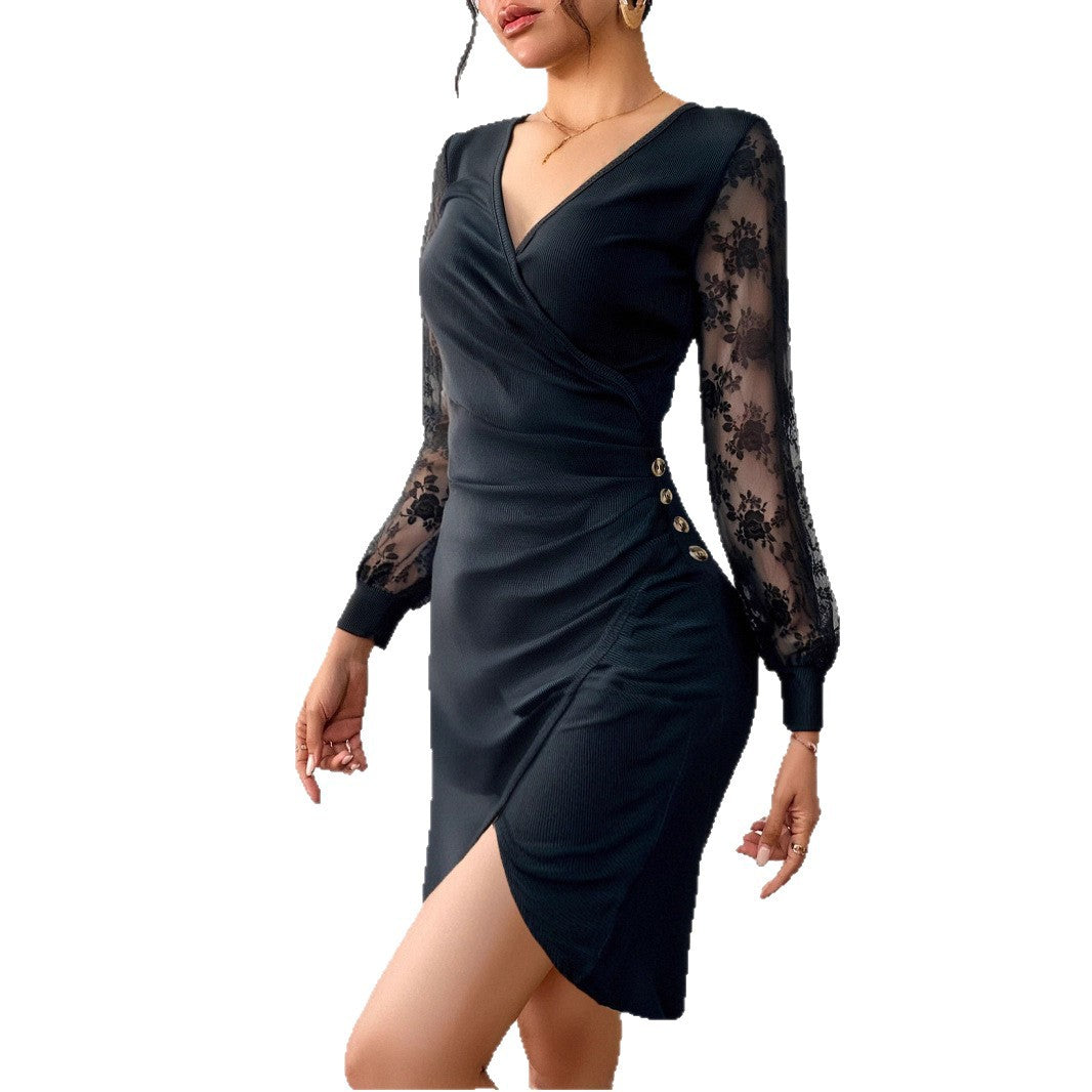 Glamorous Fashion Women's Sexy Lace Long-sleeved Dress