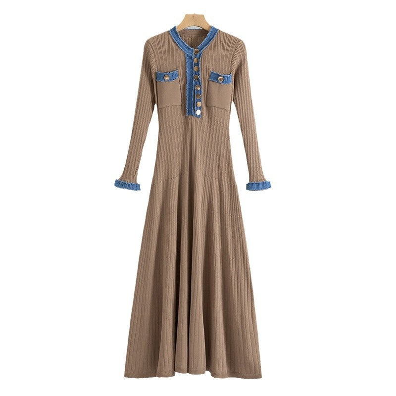 Women's Elegant Denim Stitching Contrast Color Long Dresses