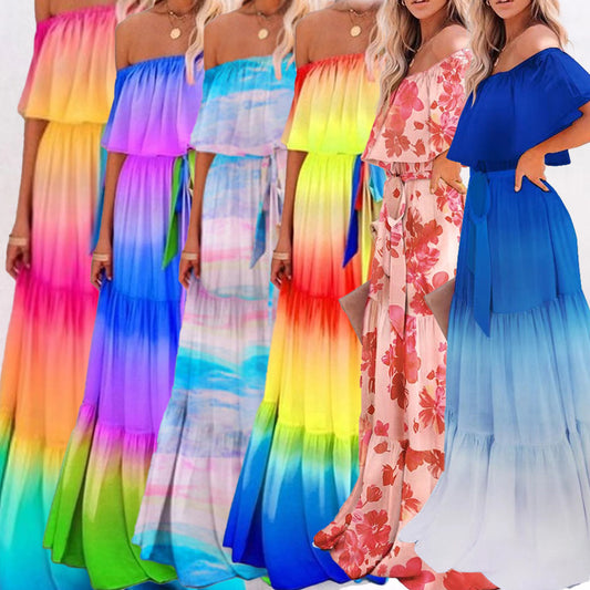 Women's Wrapped Chest Print Gradient Color Large Dresses