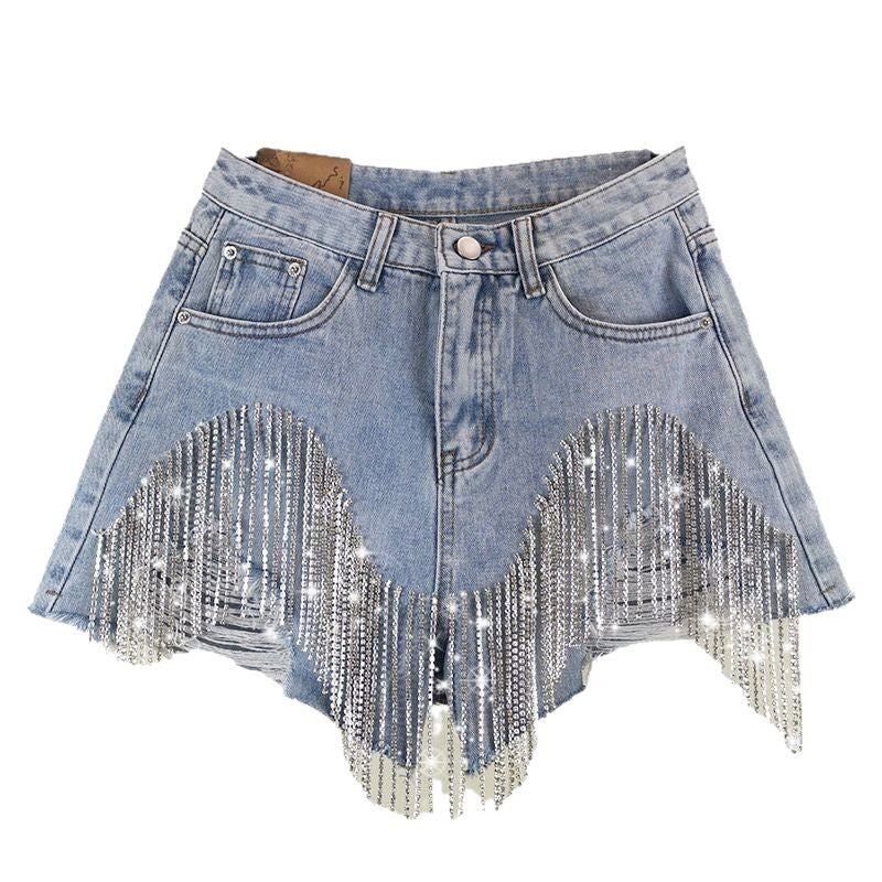 Women's Fashion Ripped Tassel Chain Sexy Jeans