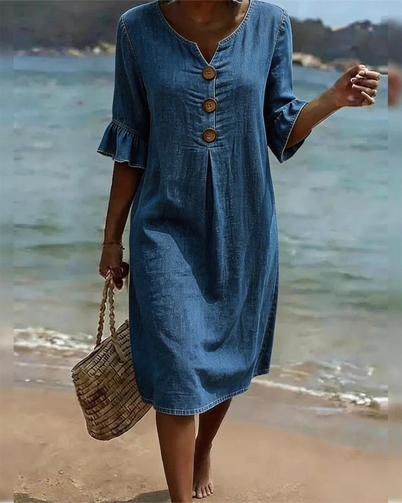 Women's Cotton Linen Large Buttons Ruffle Sleeve Dress
