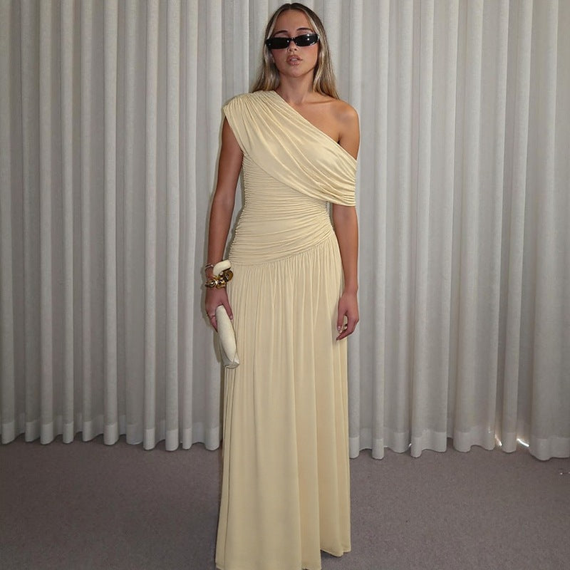 Women's Fashion Sexy Diagonal Collar Pleated Irregular Dresses