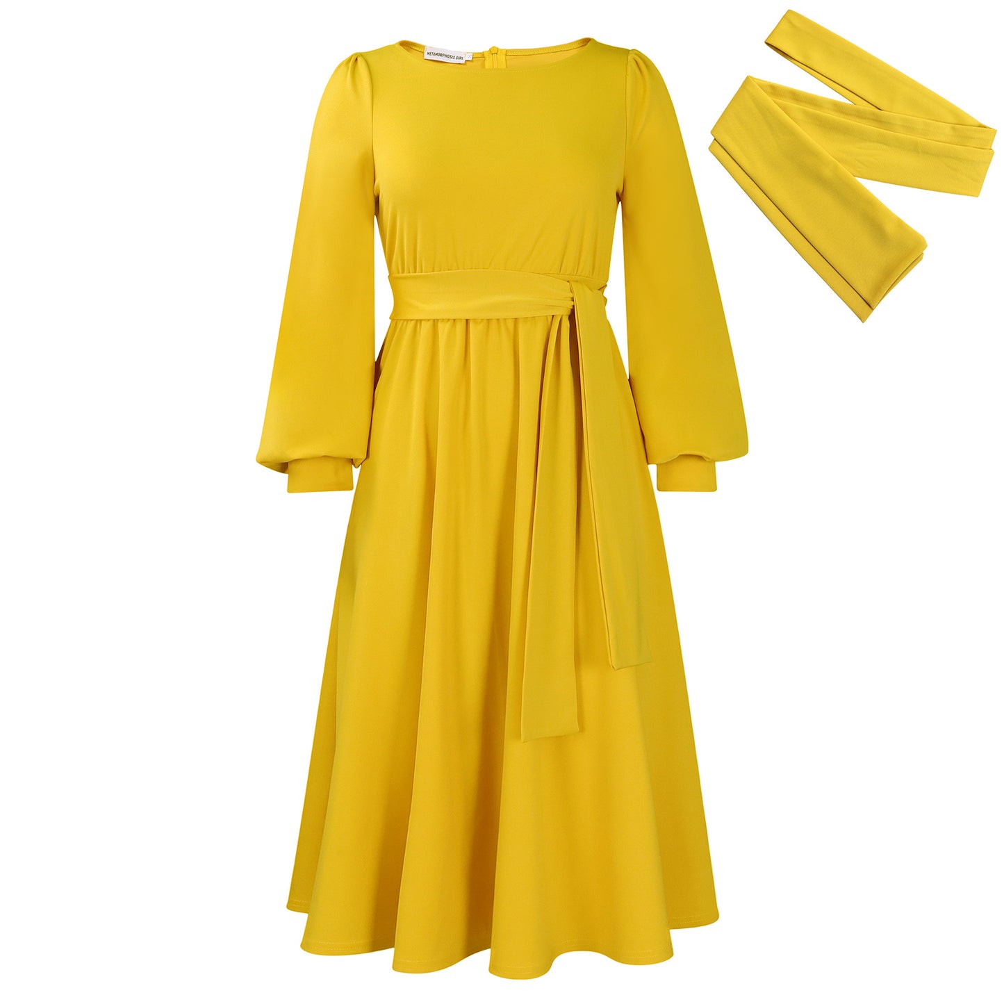 Women's Spring Long-sleeved Round Neck Solid Color A- Dress