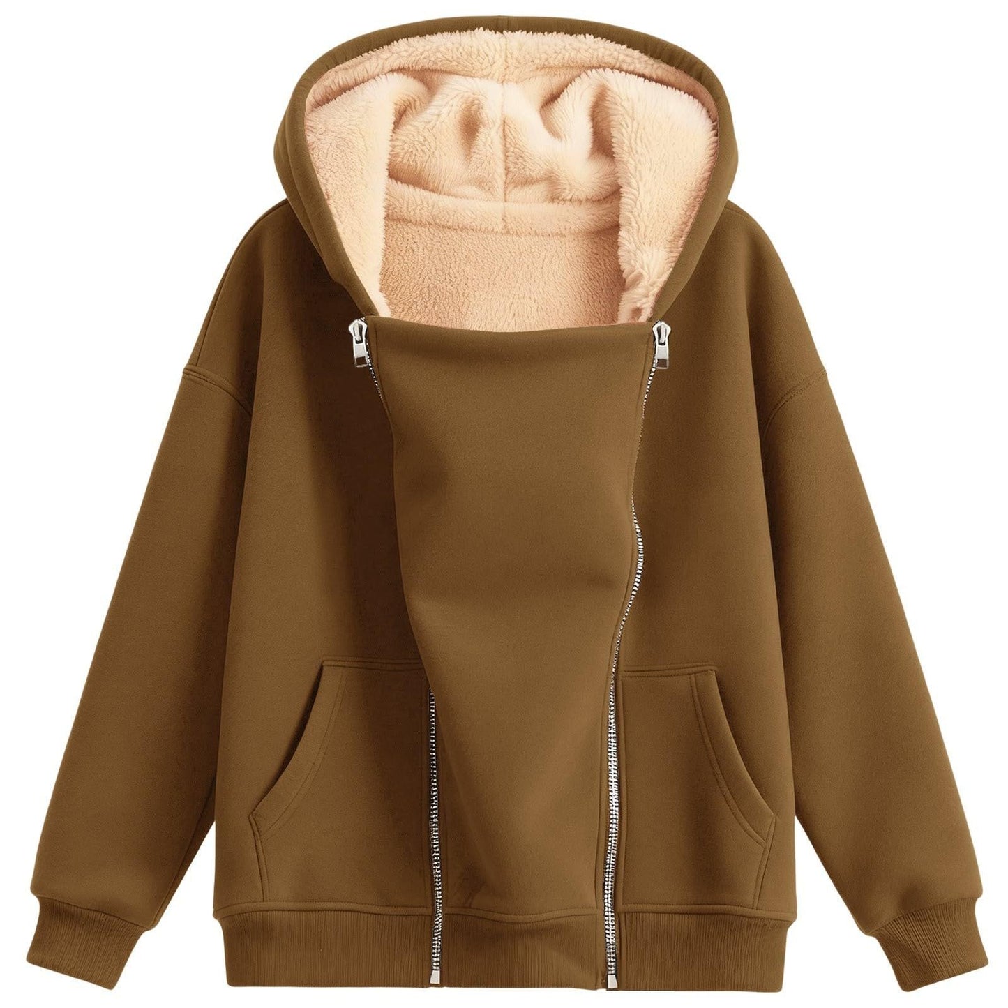 Women's Loose-fitting Hoodie Long Sleeve Zipper Pure Color Women's Sweater, Sweater