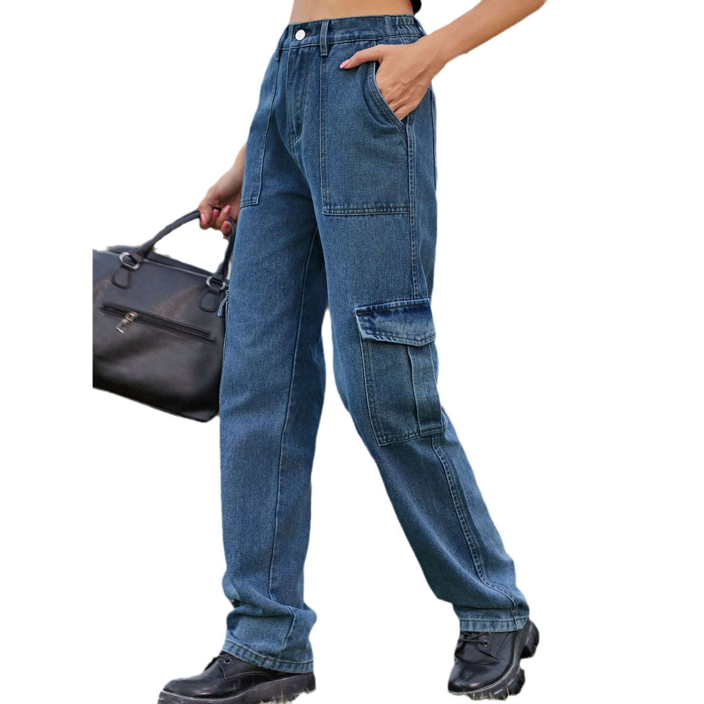 Women's American Retro Washed Design Personality Denim Cargo Jeans