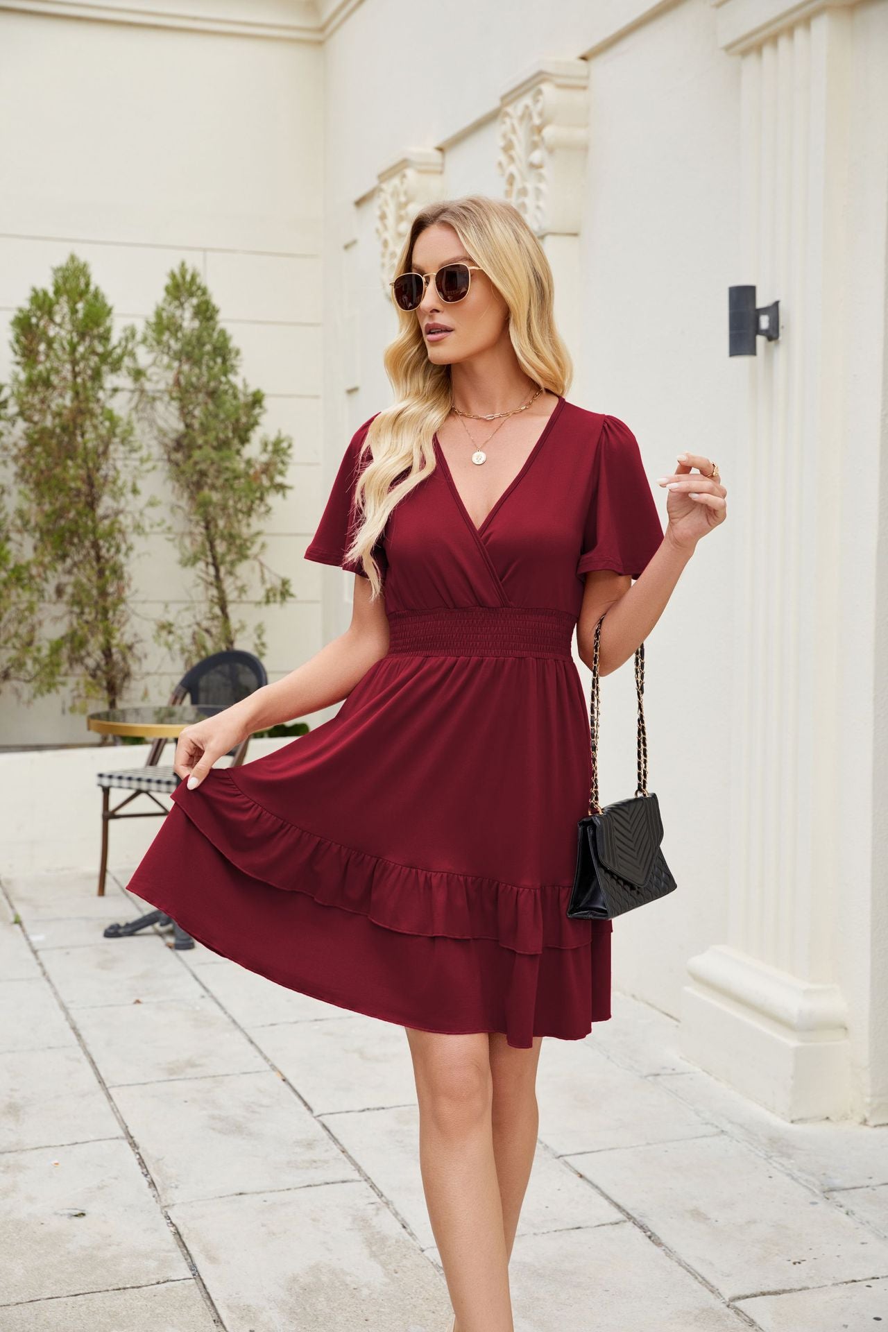 Women's Elegant Ruffled Hem Flying Sleeves Cross Dress